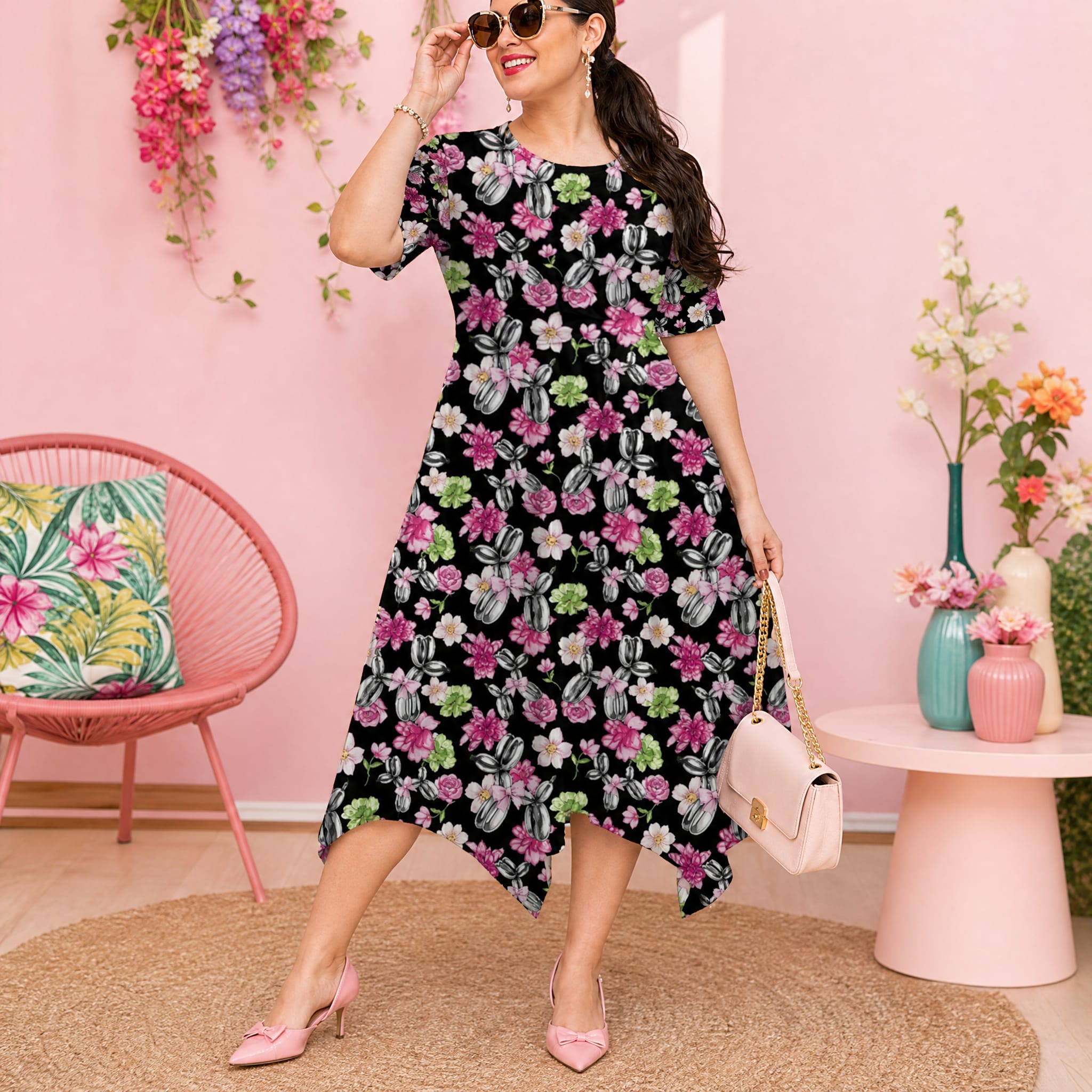 Petal Pop Relaxed Fit Belted Midi Dress
