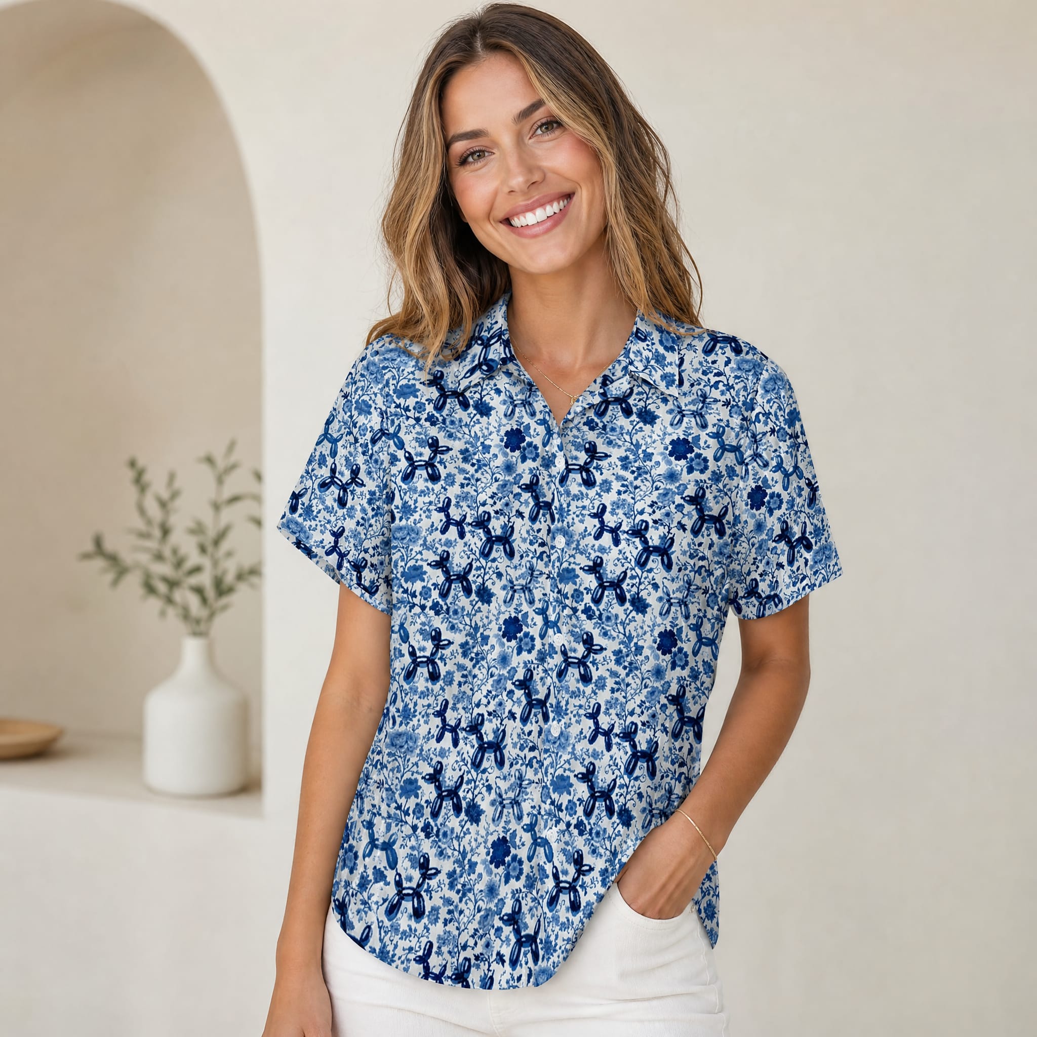 Porcelain Pups Women's Short Sleeve Button-Up Blouse
