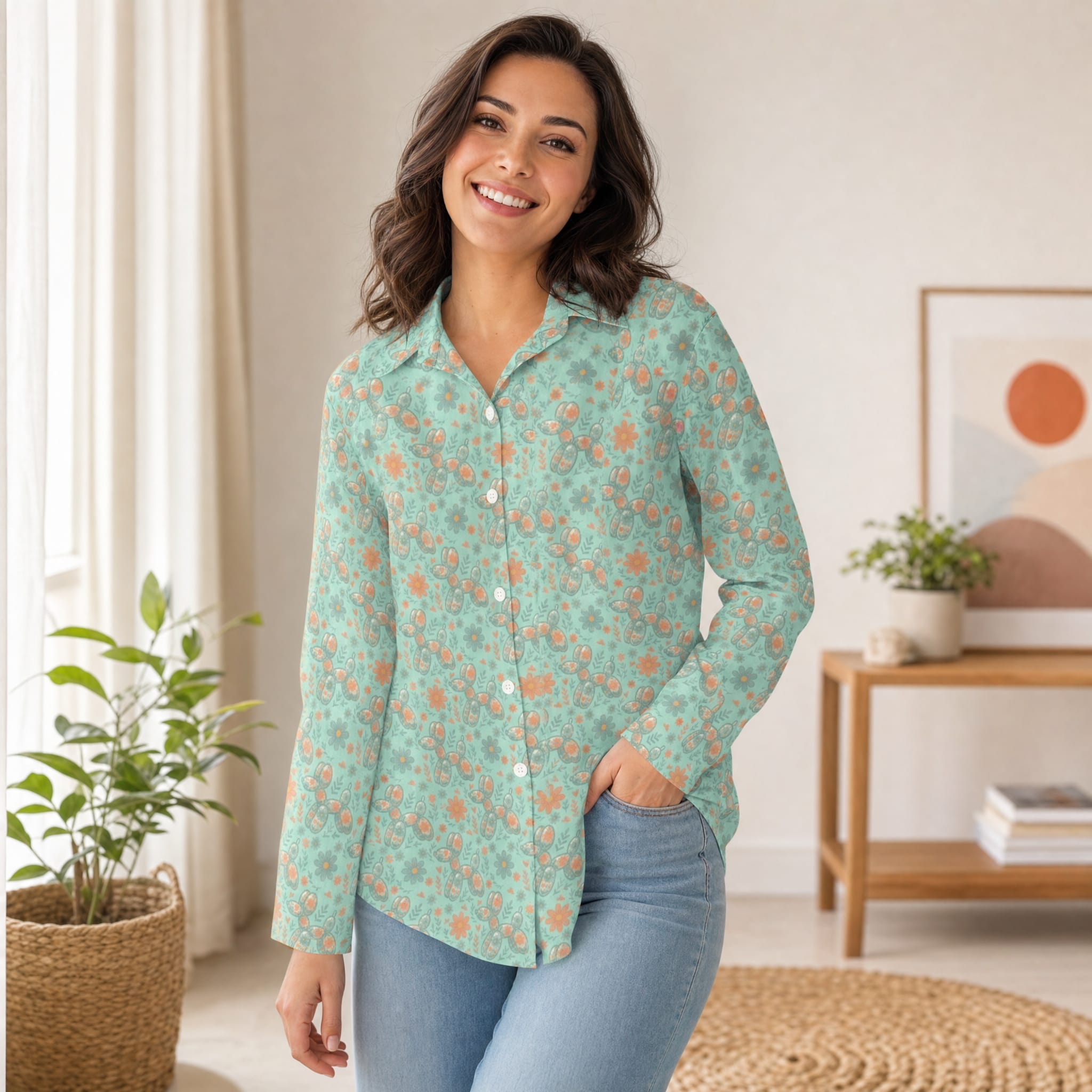 Garden Party Pup Women's Long Sleeve Button-Up Blouse