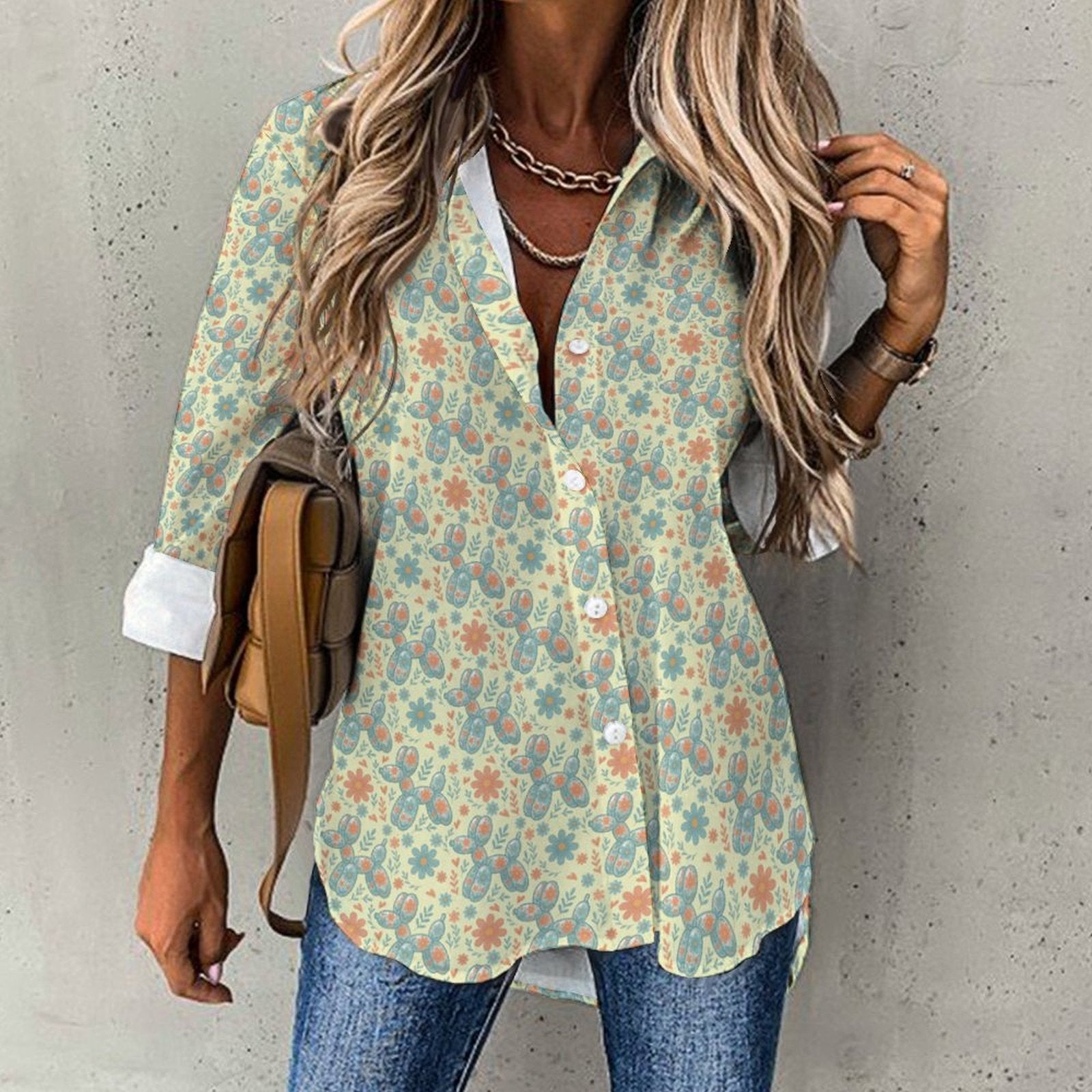 Garden Party Pup Women's Long Sleeve Button-Up Blouse