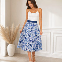 Porcelain Pups Women's Elastic Waist Midi Skirt with Pockets