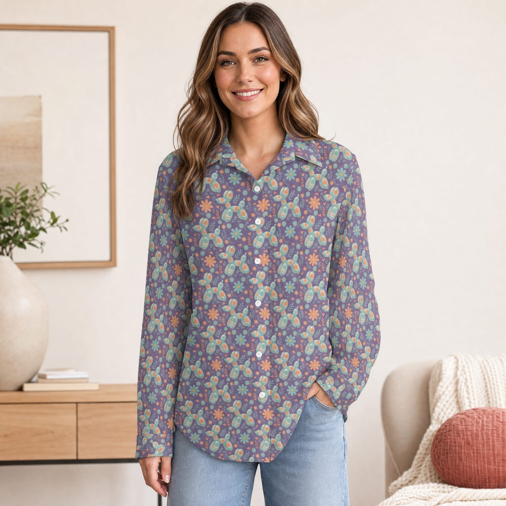 Garden Party Pup Women's Long Sleeve Button-Up Blouse