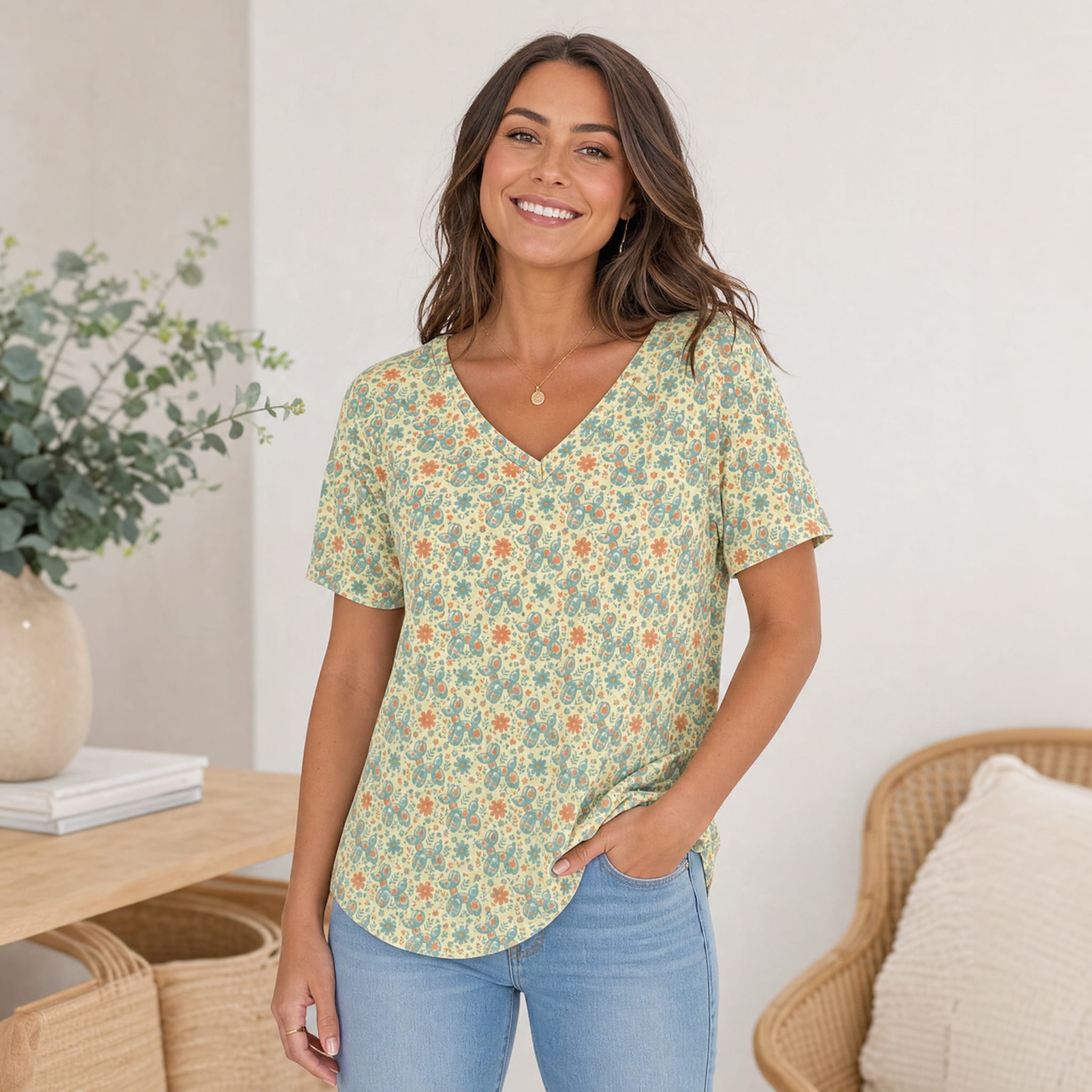 Garden Party Pup Women's Ice Silk V-Neck Top