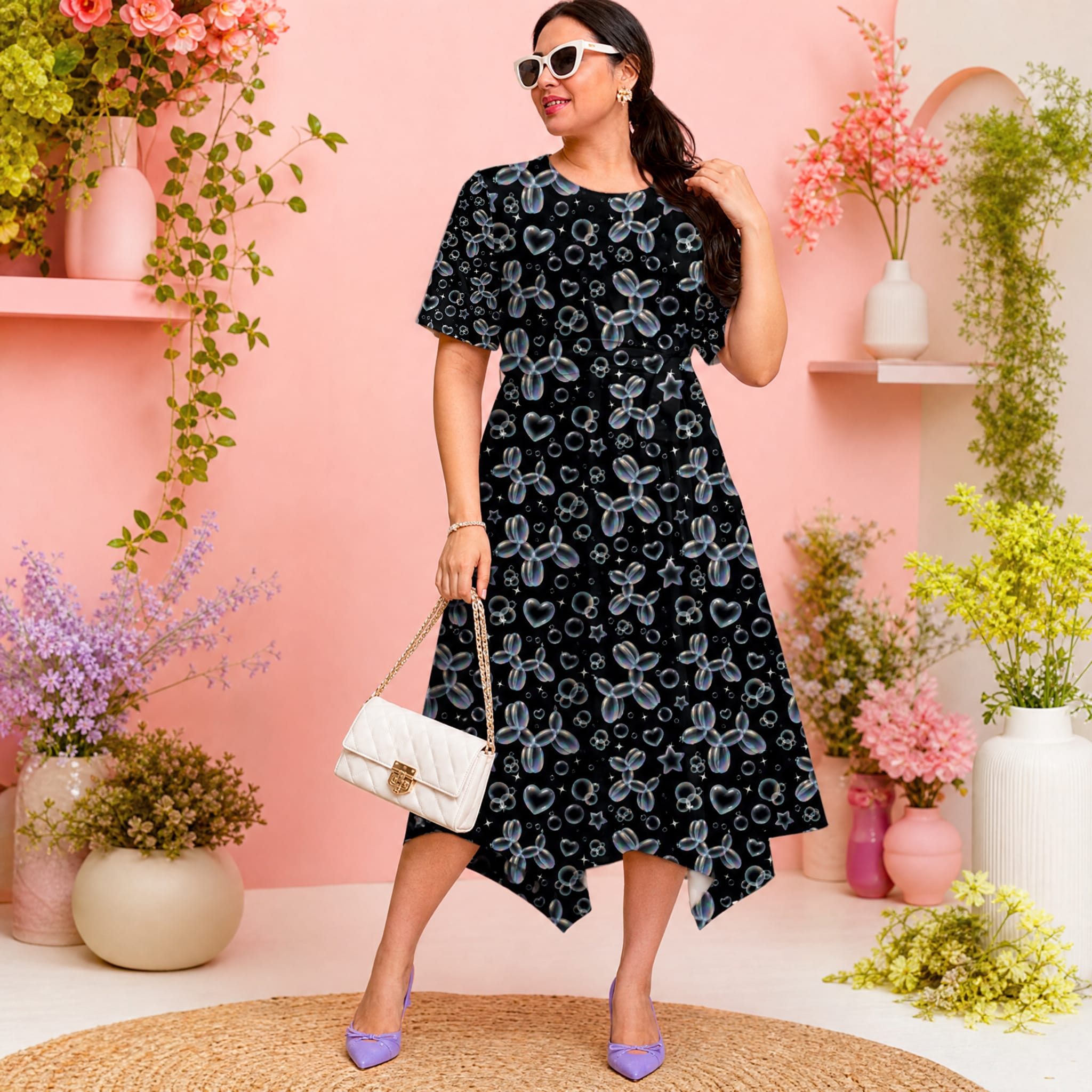 Bubble Balloon Dogs Relaxed Fit Belted Midi Dress