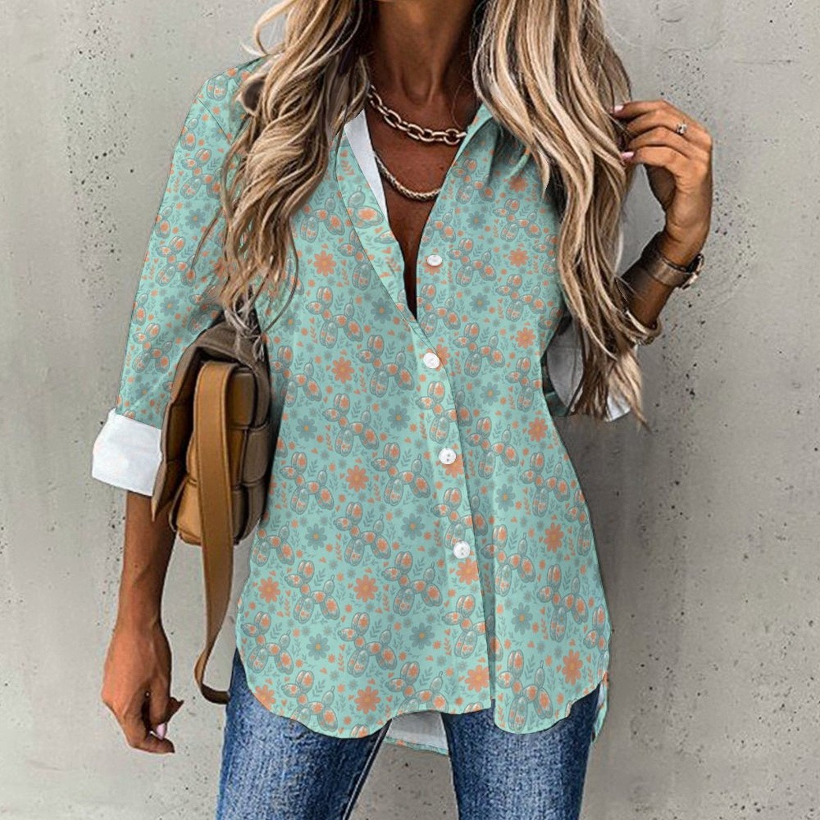 Garden Party Pup Women's Long Sleeve Button-Up Blouse
