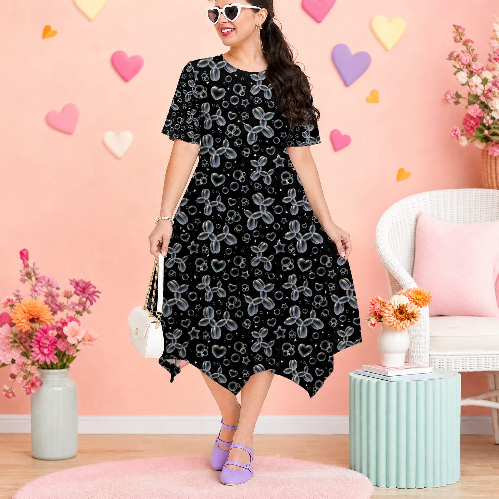 Bubble Balloon Dogs Relaxed Fit Belted Midi Dress