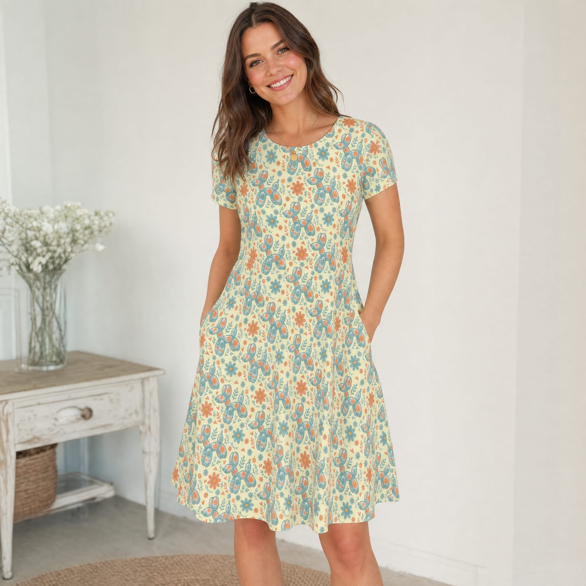 Garden Party Pup Women's Short Sleeve Party Dress