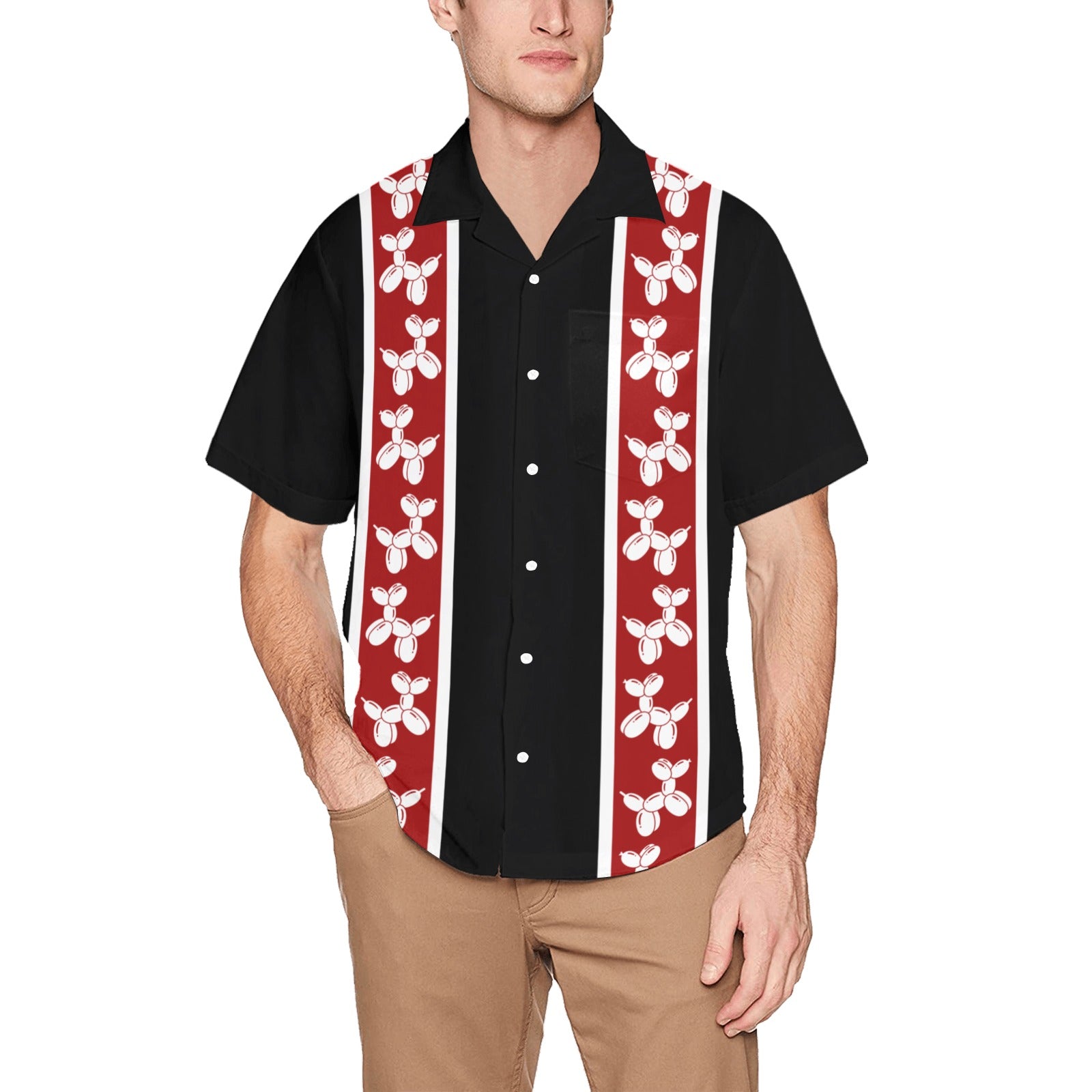 Men's Black & Red Balloon Dog Hawaiian Shirt with Chest Pocket