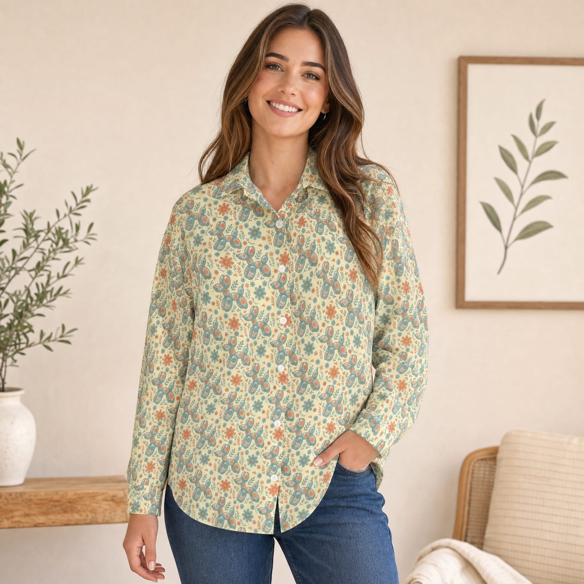 Garden Party Pup Women's Long Sleeve Button-Up Blouse
