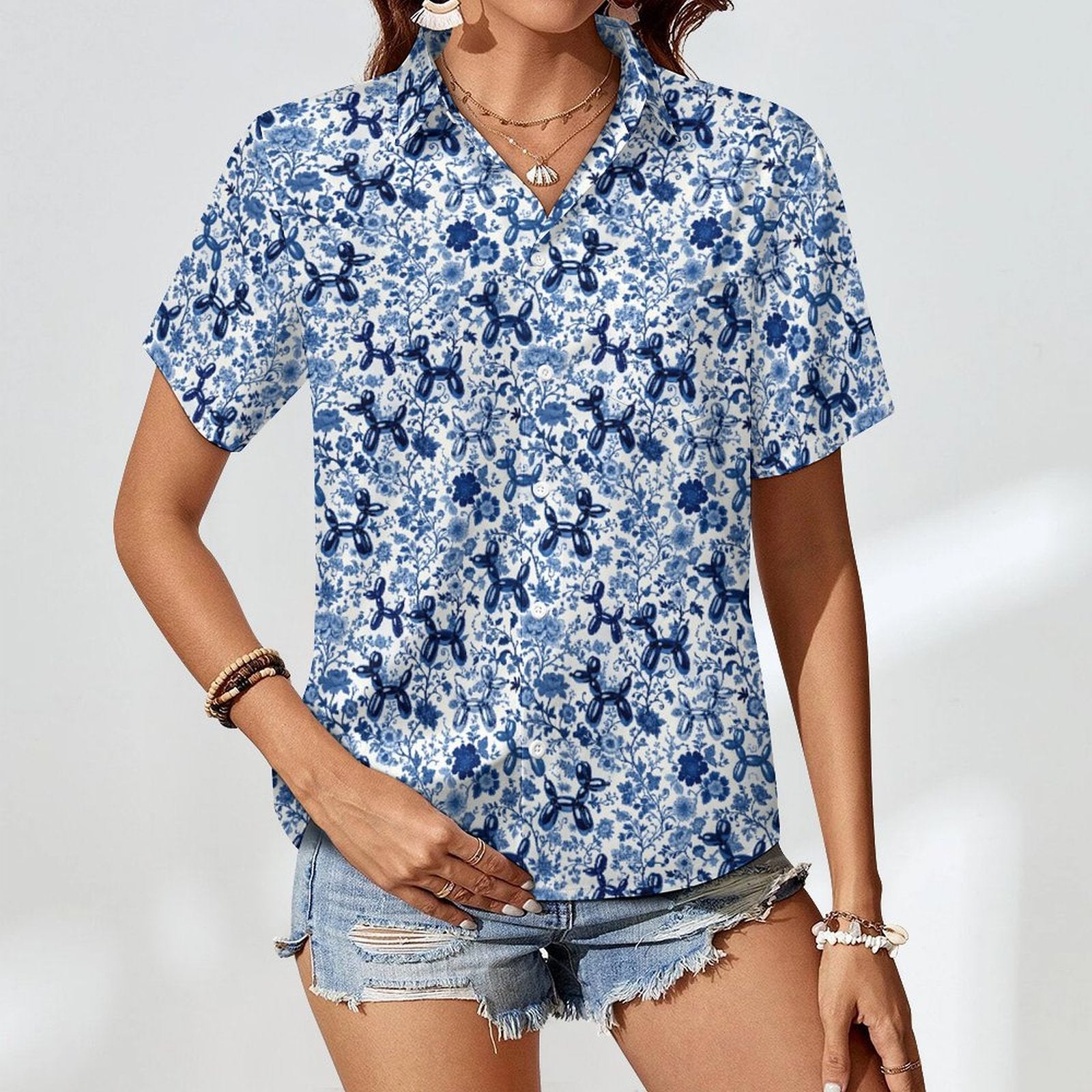 Porcelain Pups Women's Short Sleeve Button-Up Blouse