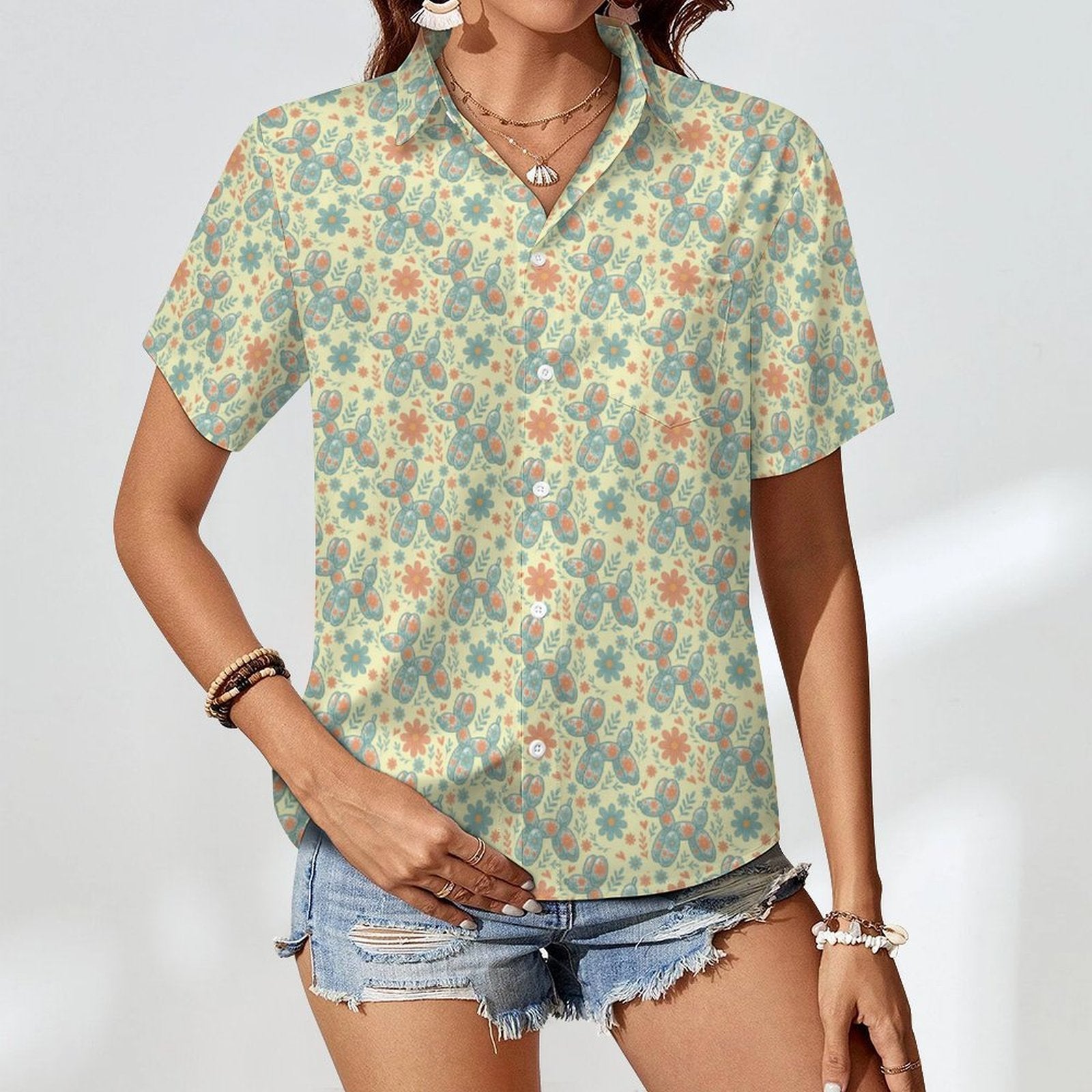 Garden Party Pup Women's Short Sleeve Button-Up Blouse