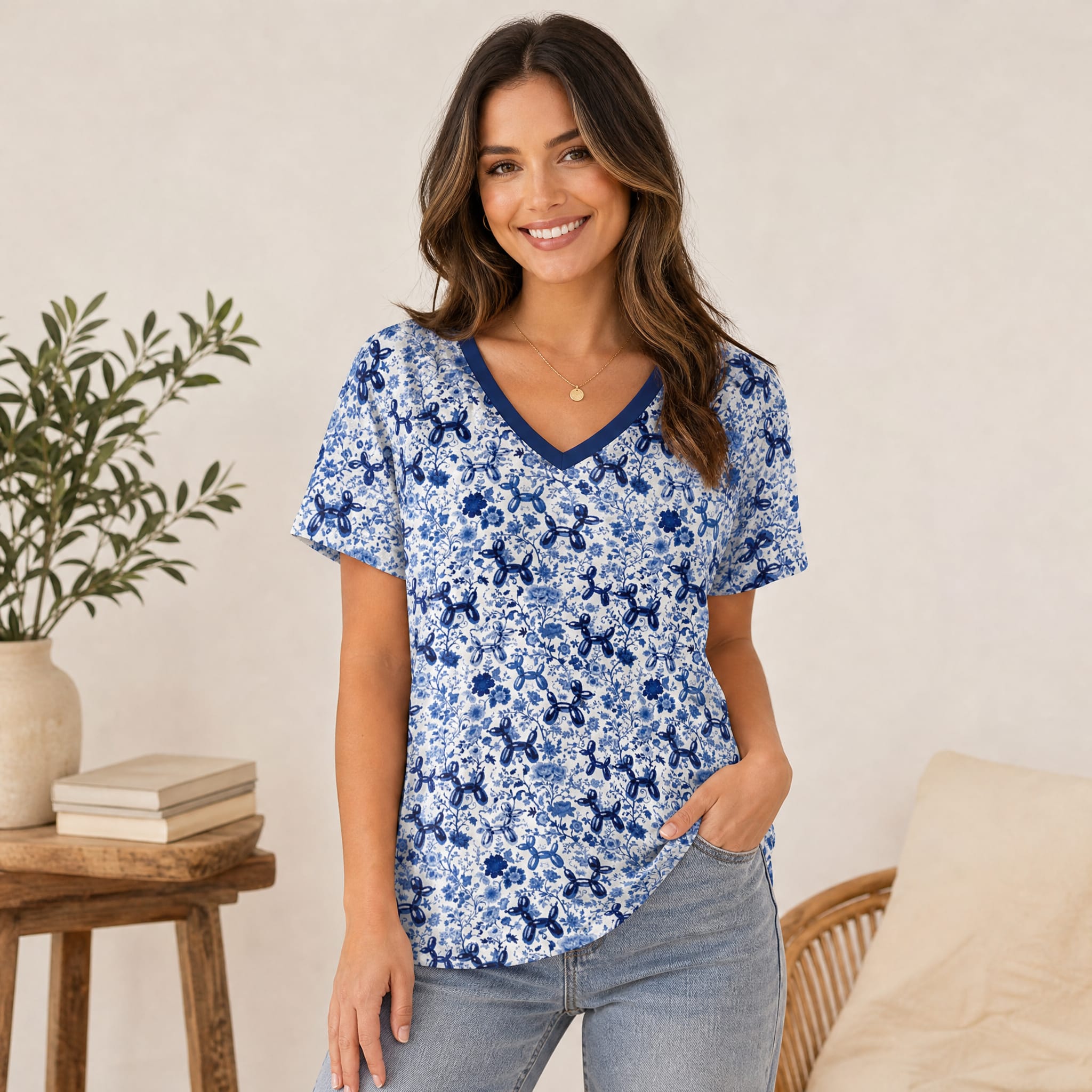 Porcelain Pups Women's Ice Silk V-Neck Top