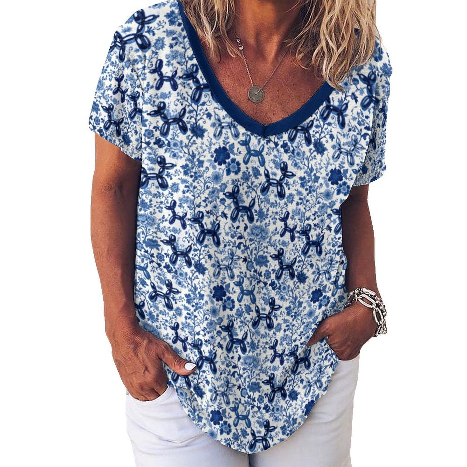 Porcelain Pups Women's Ice Silk V-Neck Top