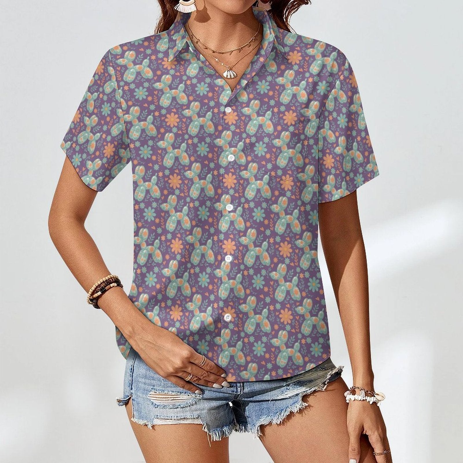 Garden Party Pup Women's Short Sleeve Button-Up Blouse