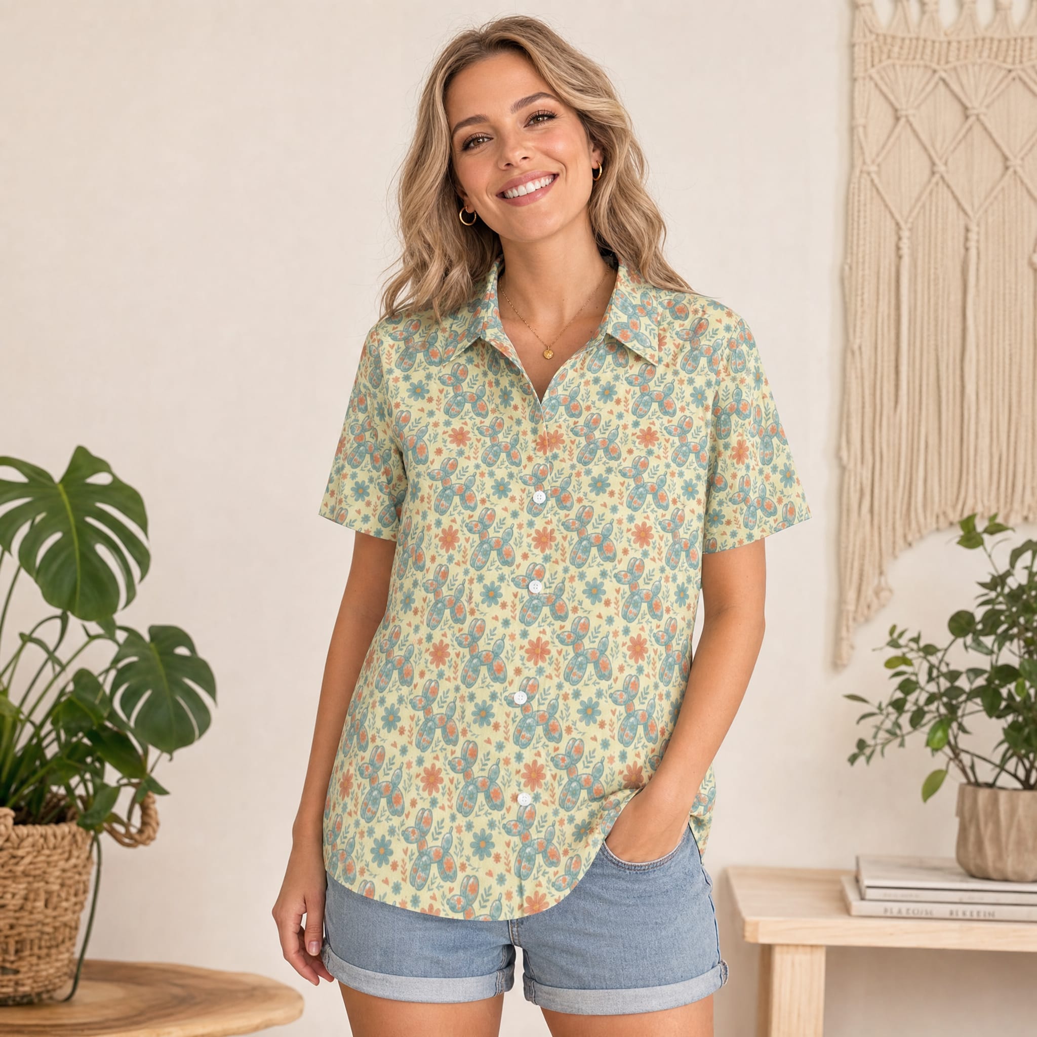 Garden Party Pup Women's Short Sleeve Button-Up Blouse