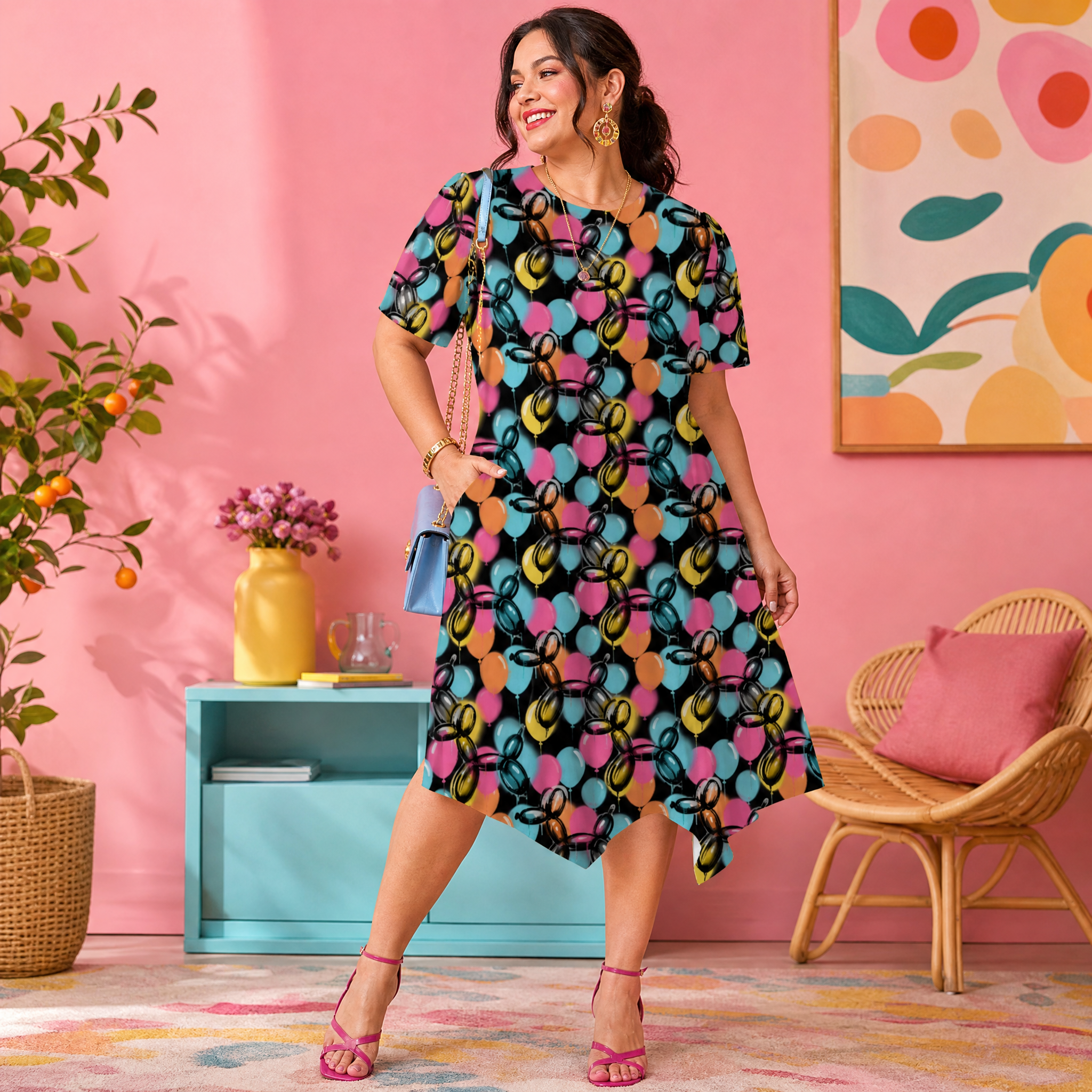 Graffiti Relaxed Fit Belted Midi Dress