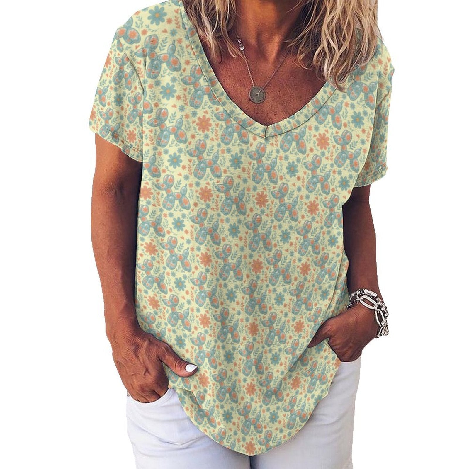 Garden Party Pup Women's Ice Silk V-Neck Top