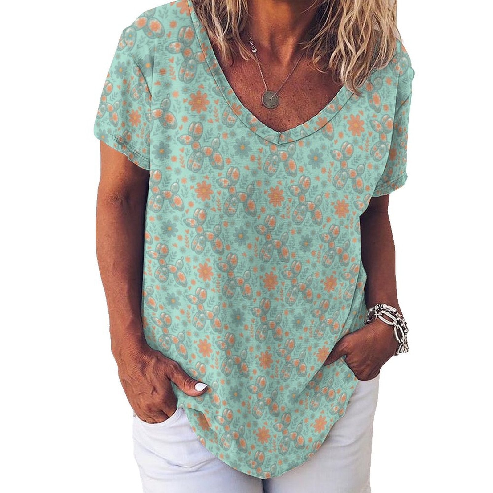 Garden Party Pup Women's Ice Silk V-Neck Top