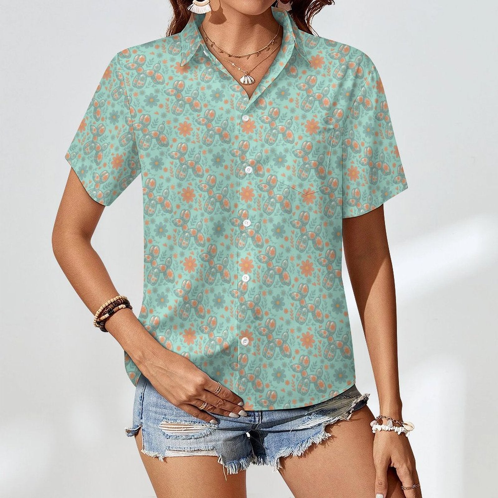 Garden Party Pup Women's Short Sleeve Button-Up Blouse